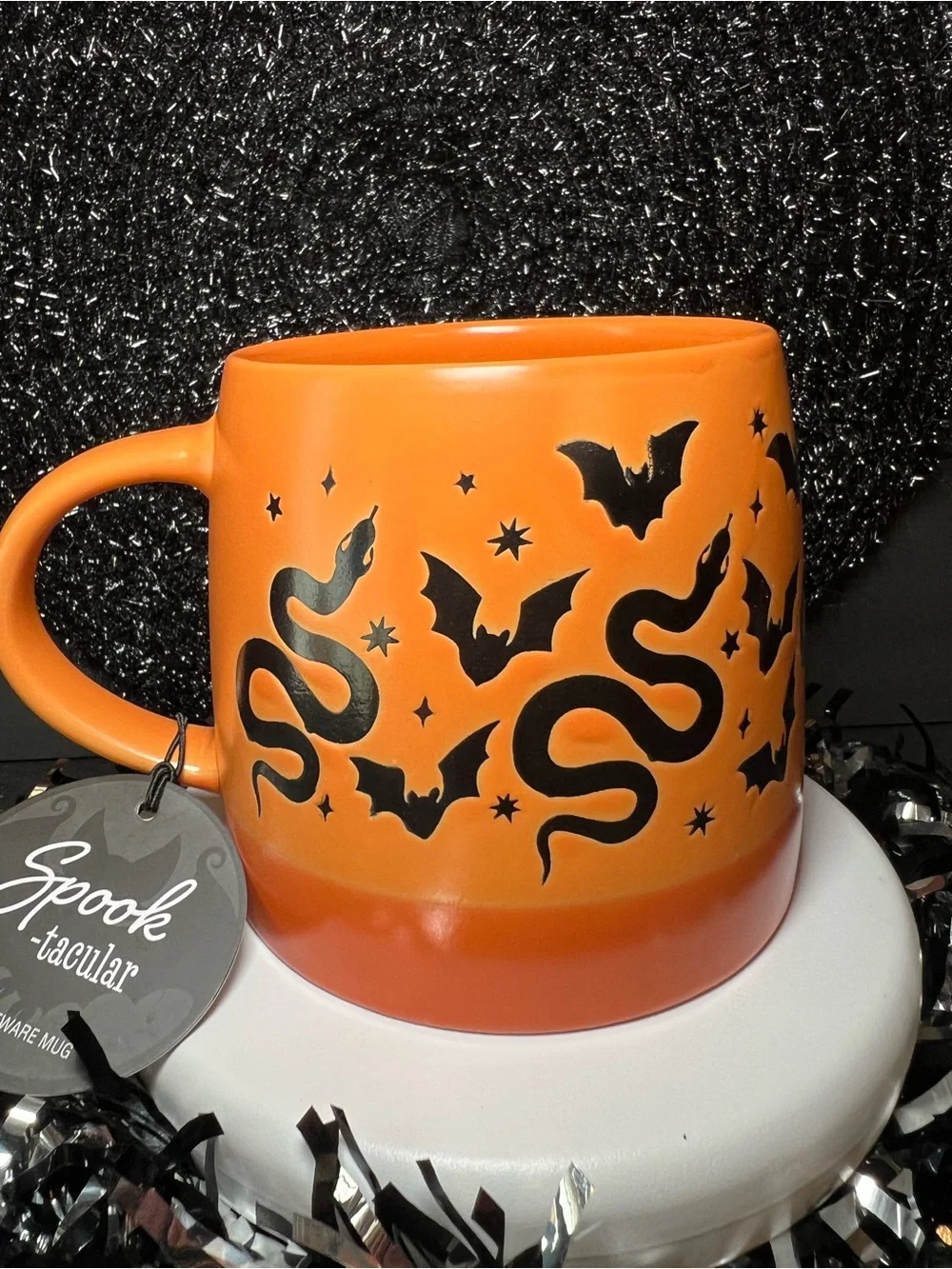 Halloween Orange Stoneware Mug with Black Bats & Snakes Large